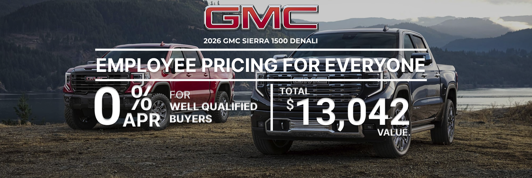 2026 GMC Sierra 1500 Denali employee pricing offer with zero percent APR and total value details.